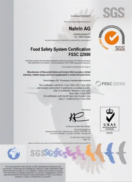 Сертификат FSSC 22000 для производства Nahrin