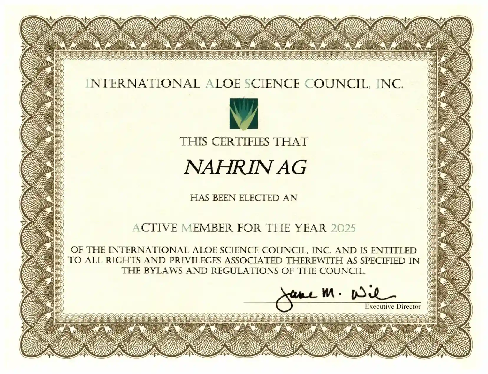 Сертификат International Aloe Science Council для Nahrin 2025